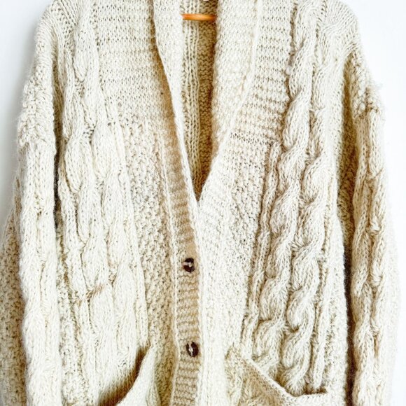 Vintage Made in Nepal Wool Chunky Fisherman Cardigan Sweater L - Picture 2 of 8
